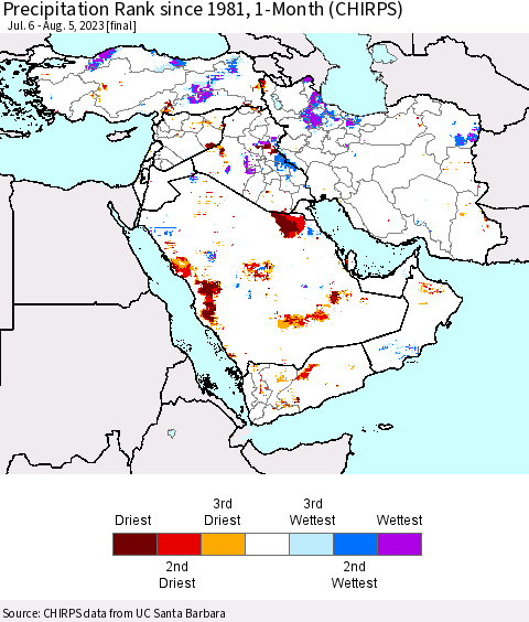 Middle East and Turkey Precipitation Rank since 1981, 1-Month (CHIRPS) Thematic Map For 7/6/2023 - 8/5/2023
