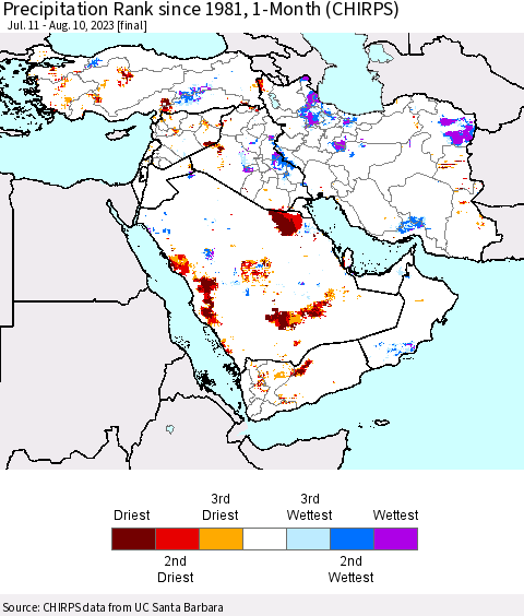 Middle East and Turkey Precipitation Rank since 1981, 1-Month (CHIRPS) Thematic Map For 7/11/2023 - 8/10/2023
