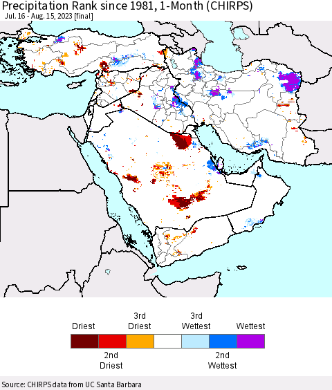 Middle East and Turkey Precipitation Rank since 1981, 1-Month (CHIRPS) Thematic Map For 7/16/2023 - 8/15/2023