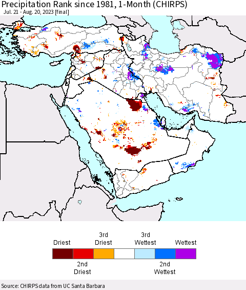 Middle East and Turkey Precipitation Rank since 1981, 1-Month (CHIRPS) Thematic Map For 7/21/2023 - 8/20/2023