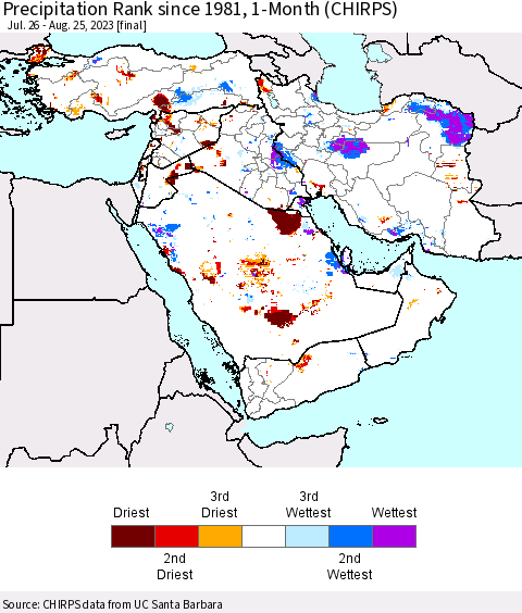 Middle East and Turkey Precipitation Rank since 1981, 1-Month (CHIRPS) Thematic Map For 7/26/2023 - 8/25/2023