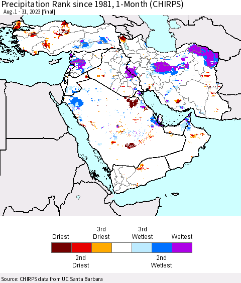 Middle East and Turkey Precipitation Rank since 1981, 1-Month (CHIRPS) Thematic Map For 8/1/2023 - 8/31/2023