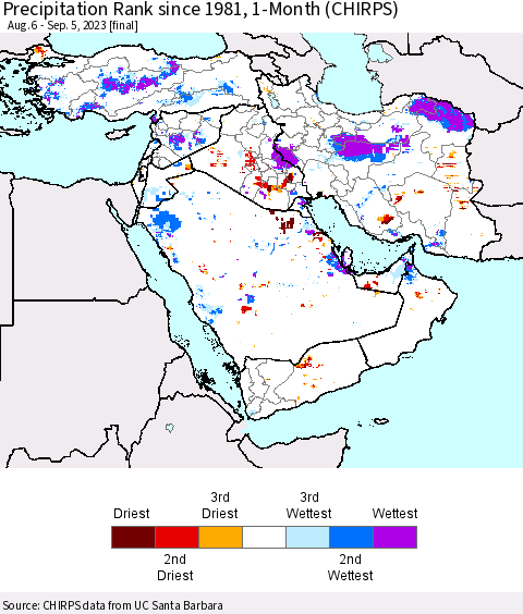 Middle East and Turkey Precipitation Rank since 1981, 1-Month (CHIRPS) Thematic Map For 8/6/2023 - 9/5/2023