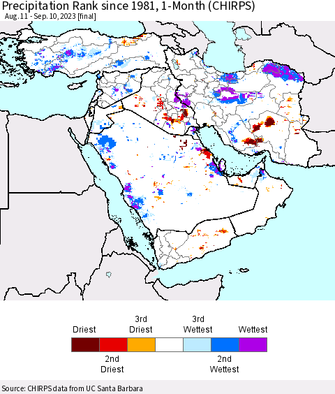 Middle East and Turkey Precipitation Rank since 1981, 1-Month (CHIRPS) Thematic Map For 8/11/2023 - 9/10/2023
