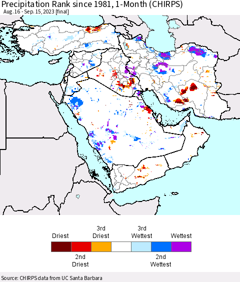 Middle East and Turkey Precipitation Rank since 1981, 1-Month (CHIRPS) Thematic Map For 8/16/2023 - 9/15/2023