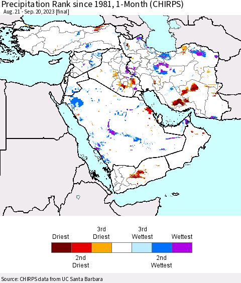 Middle East and Turkey Precipitation Rank since 1981, 1-Month (CHIRPS) Thematic Map For 8/21/2023 - 9/20/2023
