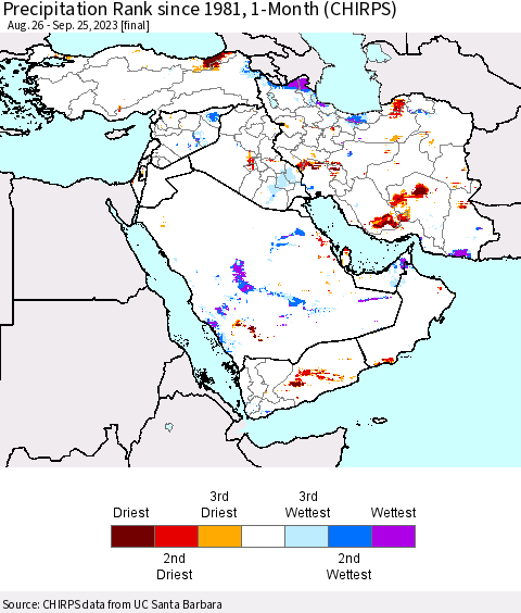Middle East and Turkey Precipitation Rank since 1981, 1-Month (CHIRPS) Thematic Map For 8/26/2023 - 9/25/2023