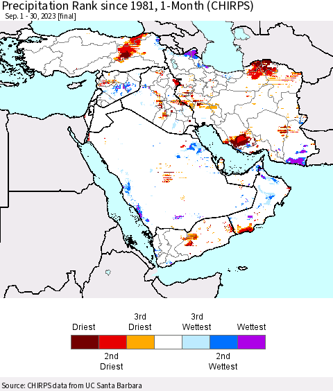 Middle East and Turkey Precipitation Rank since 1981, 1-Month (CHIRPS) Thematic Map For 9/1/2023 - 9/30/2023