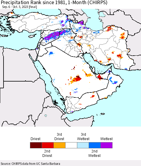 Middle East and Turkey Precipitation Rank since 1981, 1-Month (CHIRPS) Thematic Map For 9/6/2023 - 10/5/2023