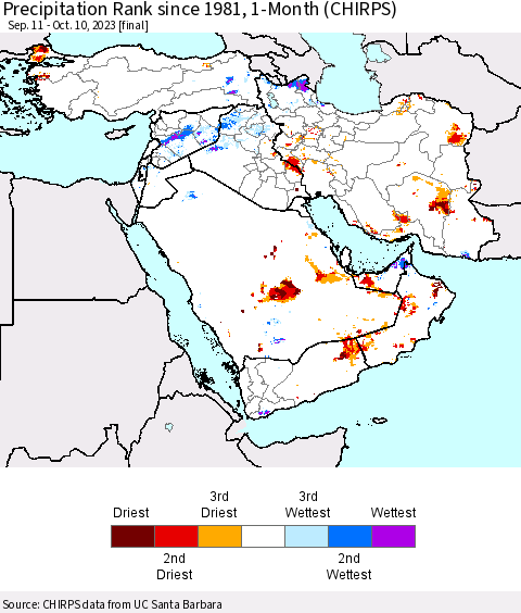 Middle East and Turkey Precipitation Rank since 1981, 1-Month (CHIRPS) Thematic Map For 9/11/2023 - 10/10/2023