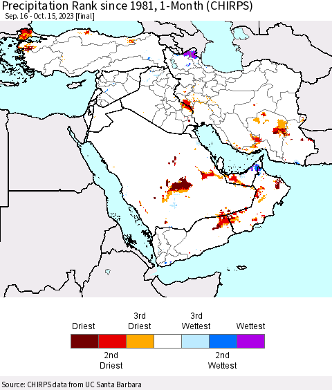 Middle East and Turkey Precipitation Rank since 1981, 1-Month (CHIRPS) Thematic Map For 9/16/2023 - 10/15/2023