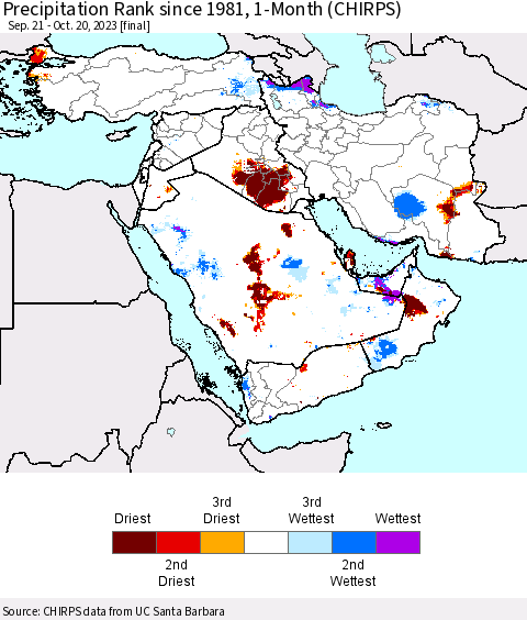 Middle East and Turkey Precipitation Rank since 1981, 1-Month (CHIRPS) Thematic Map For 9/21/2023 - 10/20/2023
