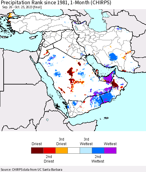 Middle East and Turkey Precipitation Rank since 1981, 1-Month (CHIRPS) Thematic Map For 9/26/2023 - 10/25/2023