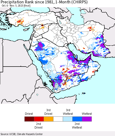 Middle East and Turkey Precipitation Rank since 1981, 1-Month (CHIRPS) Thematic Map For 10/6/2023 - 11/5/2023