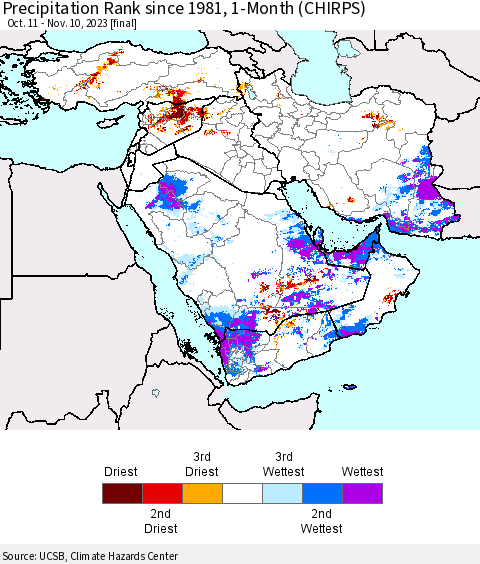 Middle East and Turkey Precipitation Rank since 1981, 1-Month (CHIRPS) Thematic Map For 10/11/2023 - 11/10/2023