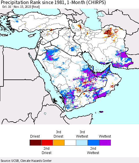 Middle East and Turkey Precipitation Rank since 1981, 1-Month (CHIRPS) Thematic Map For 10/16/2023 - 11/15/2023