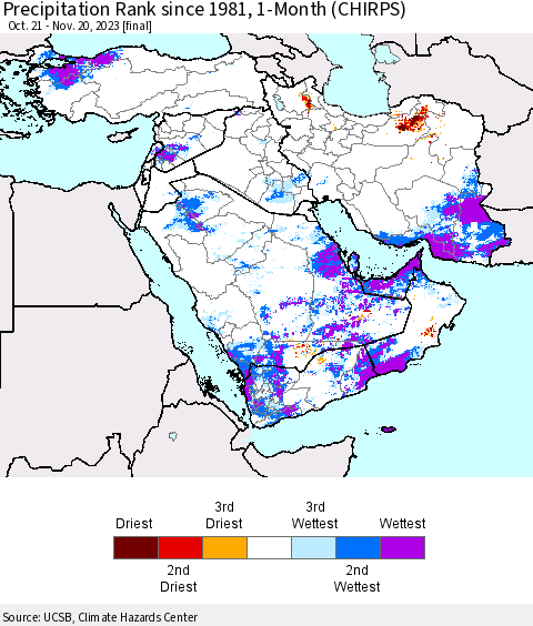 Middle East and Turkey Precipitation Rank since 1981, 1-Month (CHIRPS) Thematic Map For 10/21/2023 - 11/20/2023