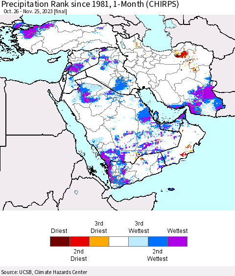 Middle East and Turkey Precipitation Rank since 1981, 1-Month (CHIRPS) Thematic Map For 10/26/2023 - 11/25/2023