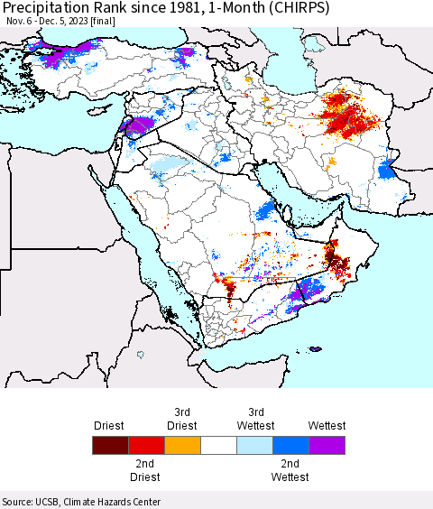 Middle East and Turkey Precipitation Rank since 1981, 1-Month (CHIRPS) Thematic Map For 11/6/2023 - 12/5/2023