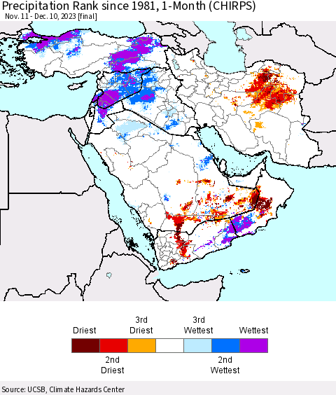 Middle East and Turkey Precipitation Rank since 1981, 1-Month (CHIRPS) Thematic Map For 11/11/2023 - 12/10/2023