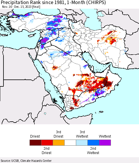 Middle East and Turkey Precipitation Rank since 1981, 1-Month (CHIRPS) Thematic Map For 11/16/2023 - 12/15/2023