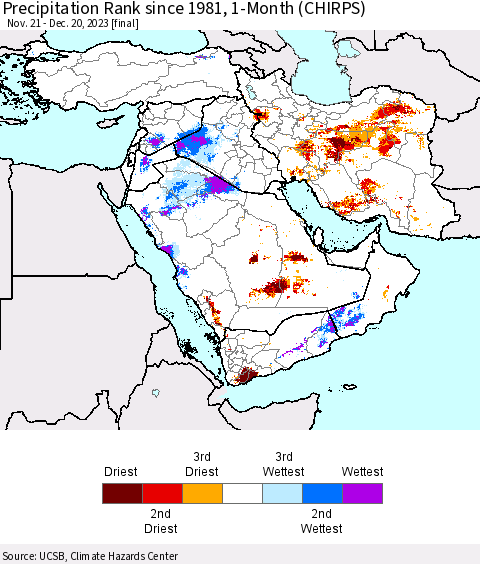 Middle East and Turkey Precipitation Rank since 1981, 1-Month (CHIRPS) Thematic Map For 11/21/2023 - 12/20/2023