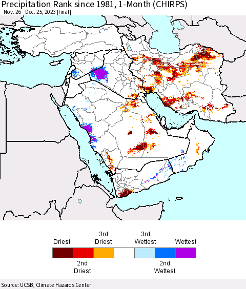 Middle East and Turkey Precipitation Rank since 1981, 1-Month (CHIRPS) Thematic Map For 11/26/2023 - 12/25/2023