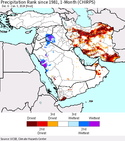 Middle East and Turkey Precipitation Rank since 1981, 1-Month (CHIRPS) Thematic Map For 12/6/2023 - 1/5/2024