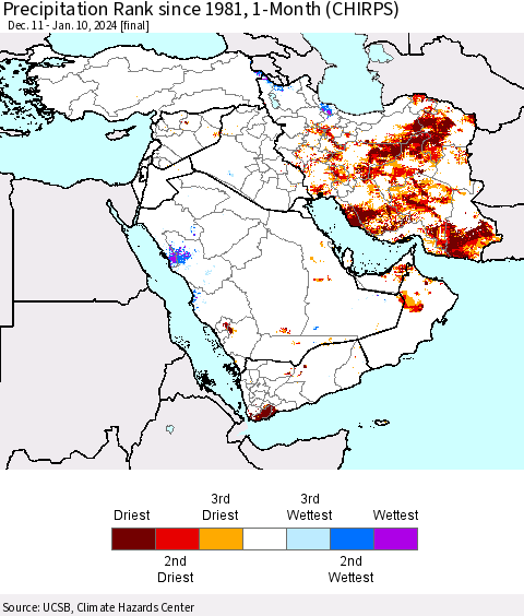 Middle East and Turkey Precipitation Rank since 1981, 1-Month (CHIRPS) Thematic Map For 12/11/2023 - 1/10/2024