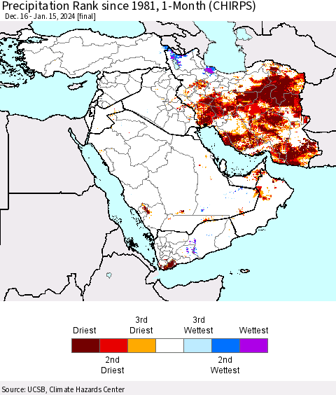Middle East and Turkey Precipitation Rank since 1981, 1-Month (CHIRPS) Thematic Map For 12/16/2023 - 1/15/2024