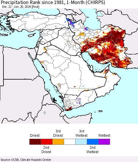 Middle East and Turkey Precipitation Rank since 1981, 1-Month (CHIRPS) Thematic Map For 12/21/2023 - 1/20/2024