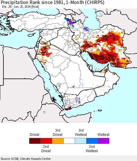 Middle East and Turkey Precipitation Rank since 1981, 1-Month (CHIRPS) Thematic Map For 12/26/2023 - 1/25/2024