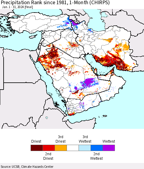 Middle East and Turkey Precipitation Rank since 1981, 1-Month (CHIRPS) Thematic Map For 1/1/2024 - 1/31/2024