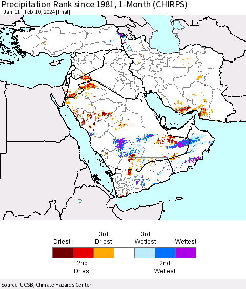 Middle East and Turkey Precipitation Rank since 1981, 1-Month (CHIRPS) Thematic Map For 1/11/2024 - 2/10/2024