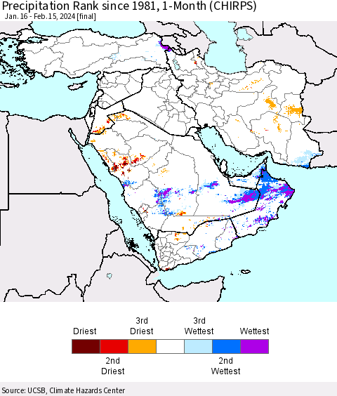 Middle East and Turkey Precipitation Rank since 1981, 1-Month (CHIRPS) Thematic Map For 1/16/2024 - 2/15/2024