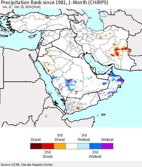 Middle East and Turkey Precipitation Rank since 1981, 1-Month (CHIRPS) Thematic Map For 1/21/2024 - 2/20/2024