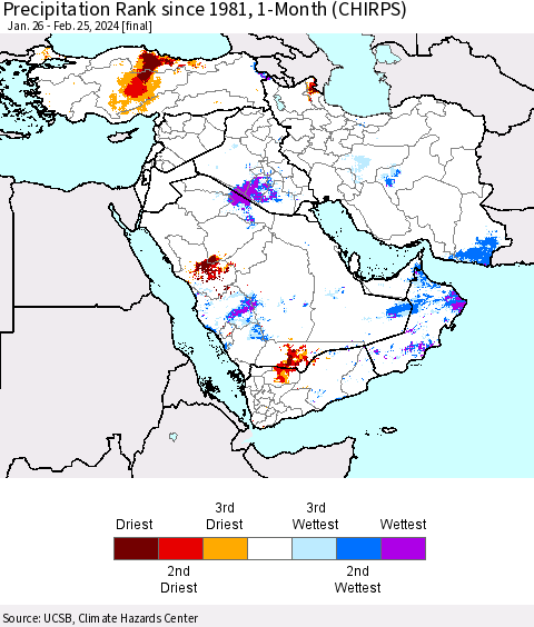 Middle East and Turkey Precipitation Rank since 1981, 1-Month (CHIRPS) Thematic Map For 1/26/2024 - 2/25/2024