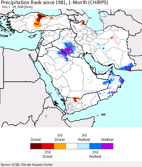 Middle East and Turkey Precipitation Rank since 1981, 1-Month (CHIRPS) Thematic Map For 2/1/2024 - 2/29/2024