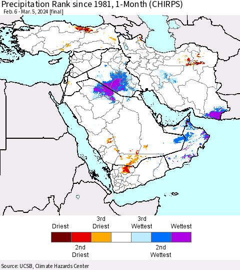 Middle East and Turkey Precipitation Rank since 1981, 1-Month (CHIRPS) Thematic Map For 2/6/2024 - 3/5/2024