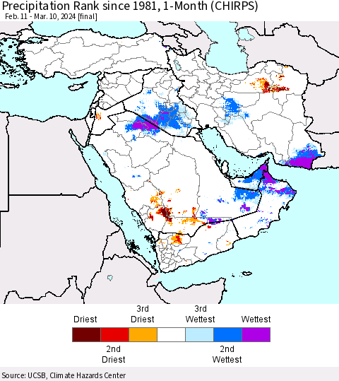 Middle East and Turkey Precipitation Rank since 1981, 1-Month (CHIRPS) Thematic Map For 2/11/2024 - 3/10/2024