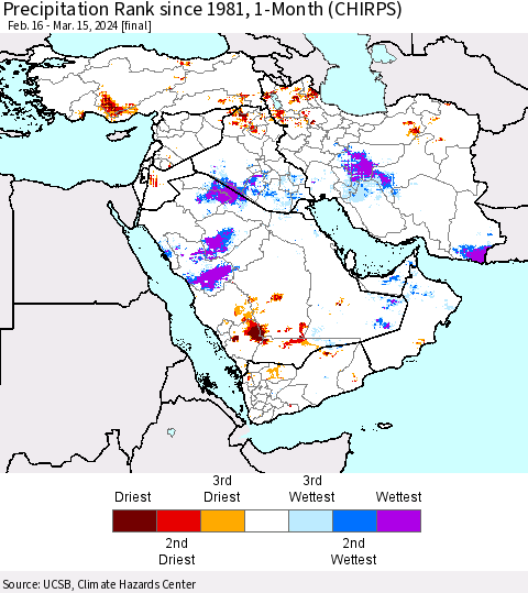 Middle East and Turkey Precipitation Rank since 1981, 1-Month (CHIRPS) Thematic Map For 2/16/2024 - 3/15/2024