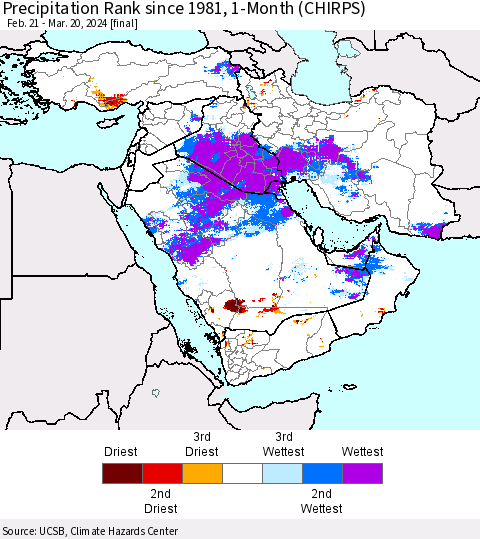 Middle East and Turkey Precipitation Rank since 1981, 1-Month (CHIRPS) Thematic Map For 2/21/2024 - 3/20/2024