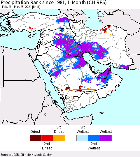 Middle East and Turkey Precipitation Rank since 1981, 1-Month (CHIRPS) Thematic Map For 2/26/2024 - 3/25/2024