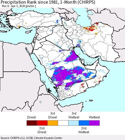 Middle East and Turkey Precipitation Rank since 1981, 1-Month (CHIRPS) Thematic Map For 3/6/2024 - 4/5/2024
