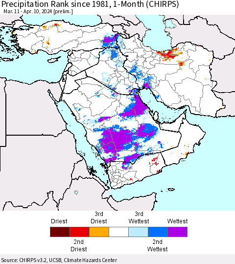 Middle East and Turkey Precipitation Rank since 1981, 1-Month (CHIRPS) Thematic Map For 3/11/2024 - 4/10/2024