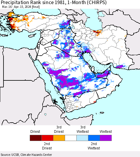 Middle East and Turkey Precipitation Rank since 1981, 1-Month (CHIRPS) Thematic Map For 3/16/2024 - 4/15/2024