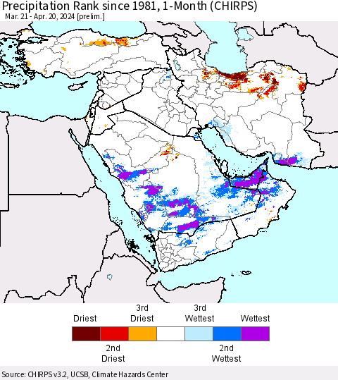 Middle East and Turkey Precipitation Rank since 1981, 1-Month (CHIRPS) Thematic Map For 3/21/2024 - 4/20/2024