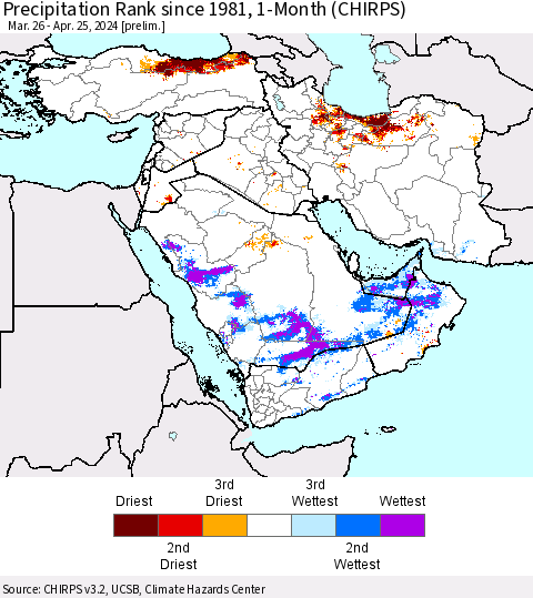 Middle East and Turkey Precipitation Rank since 1981, 1-Month (CHIRPS) Thematic Map For 3/26/2024 - 4/25/2024