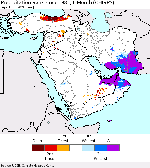 Middle East and Turkey Precipitation Rank since 1981, 1-Month (CHIRPS) Thematic Map For 4/1/2024 - 4/30/2024