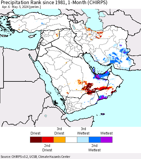 Middle East and Turkey Precipitation Rank since 1981, 1-Month (CHIRPS) Thematic Map For 4/6/2024 - 5/5/2024